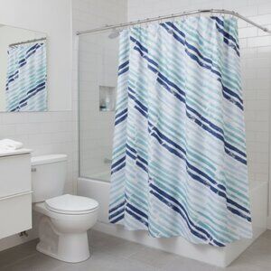Comfort Bay 13 Pc Shower Curtain Set Blue Abstract Stripe 72x72 w/ 12 Hooks